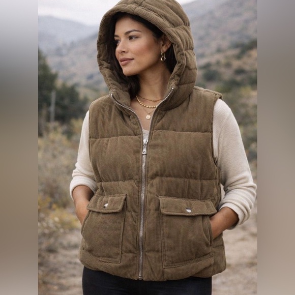 iris Jackets & Blazers - Iris Taupe Corduroy Hooded Puffer Vest Size L, best for M